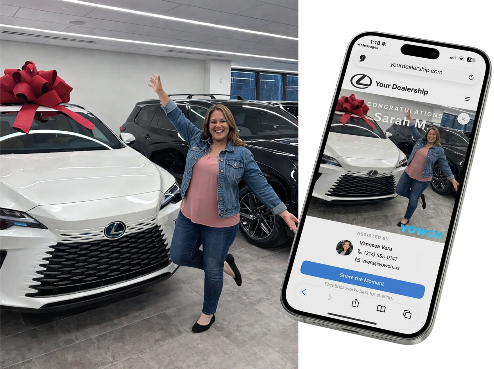 Vowch product flow — delivery photo alongside a branded celebration page on a customer's phone